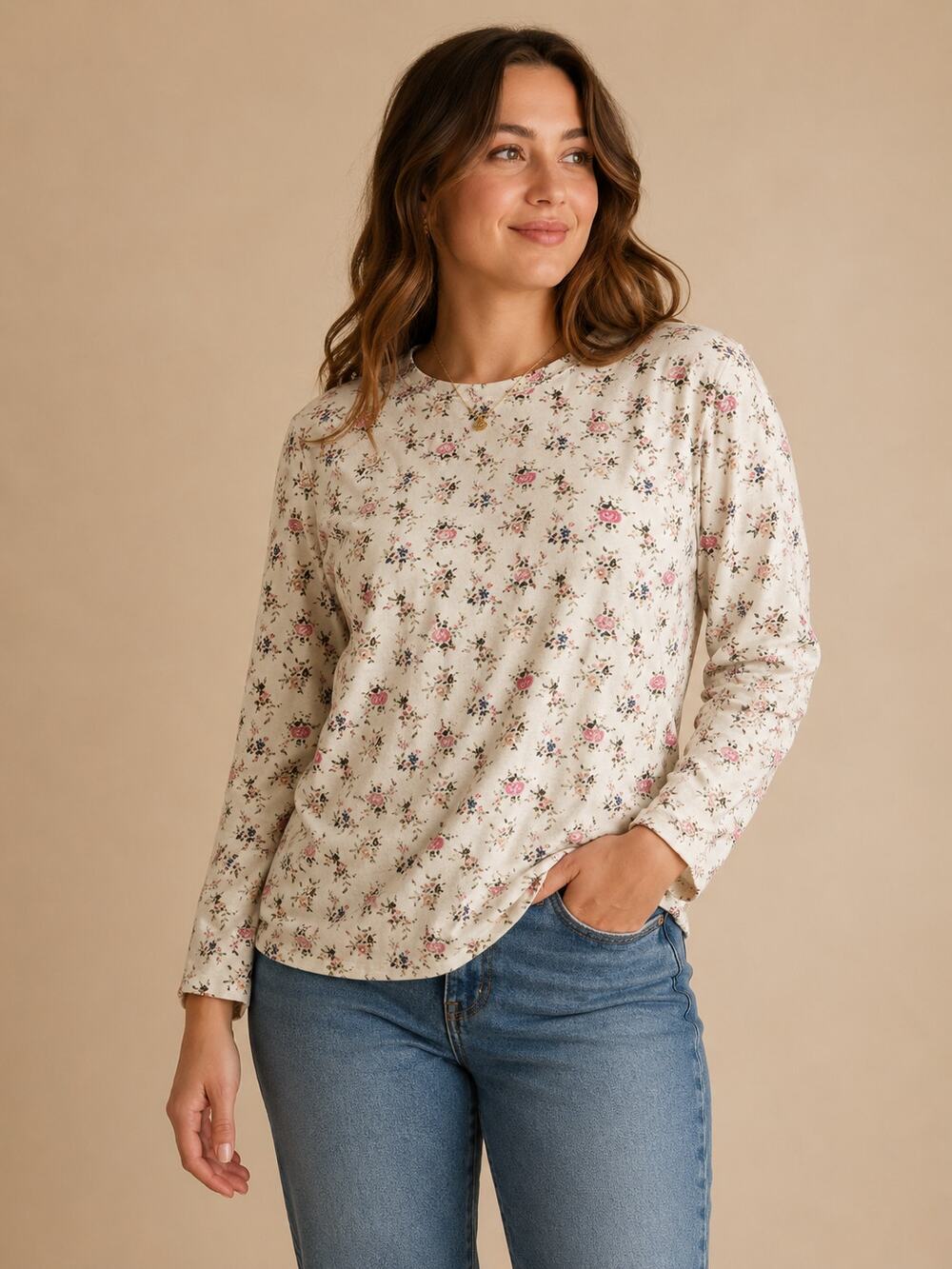 Floral Long Sleeve Top Cream Cottagecore Large